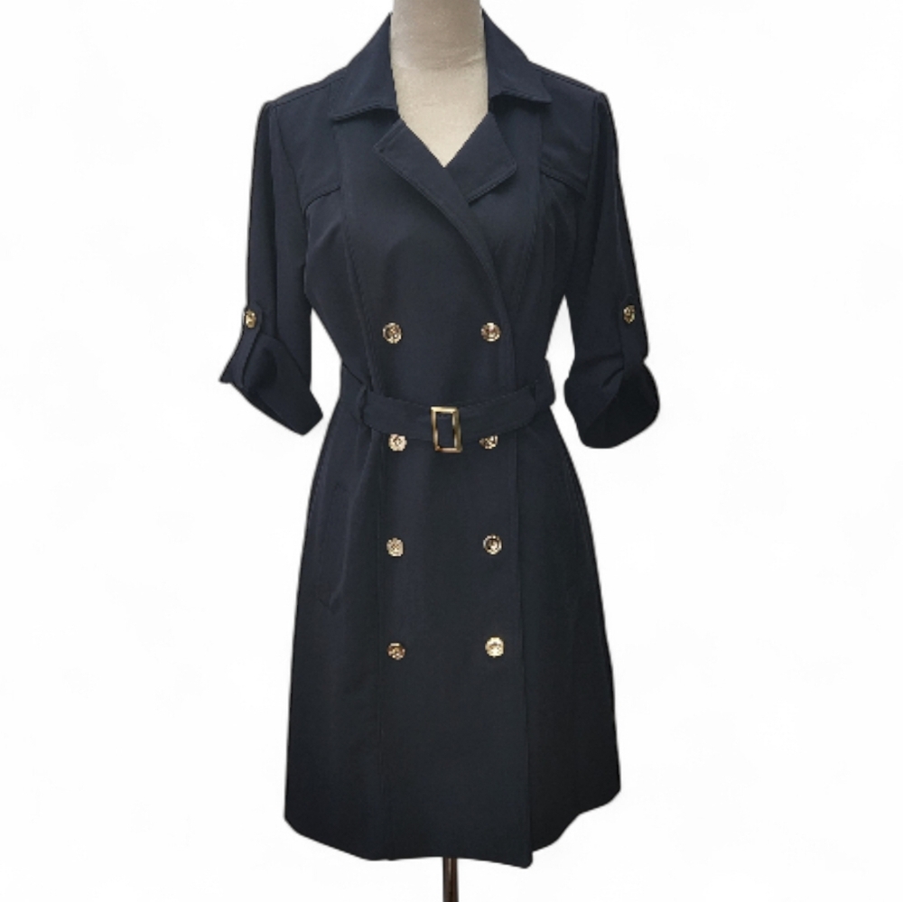 Sharagano Navy Double Breasted Wrap Dress Gold Buttons Sz 10 Trench Coat Style